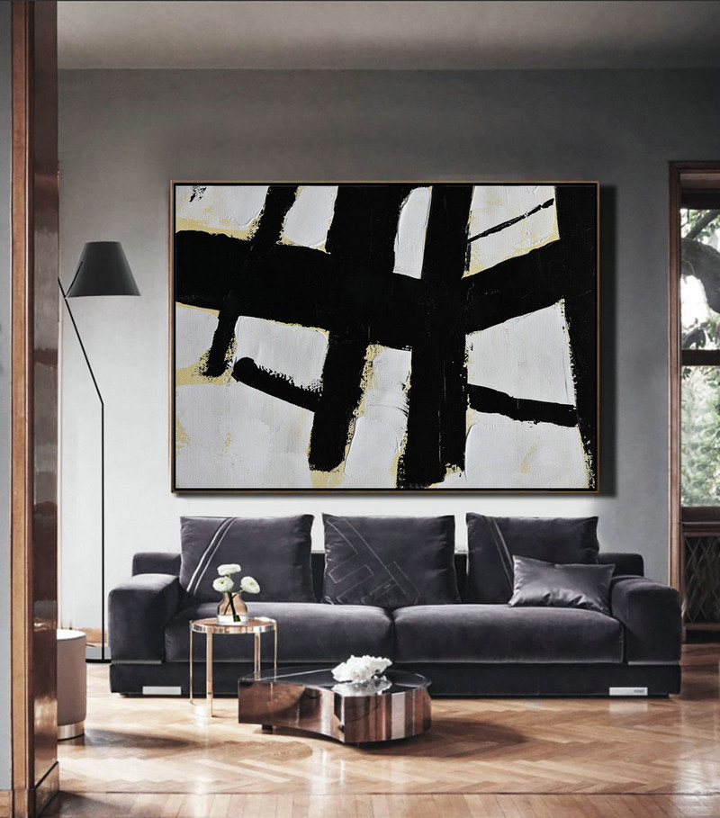 Acrylic Painting Large Wall Art,Horizontal Palette Knife Minimal Canvas Art Painting Black White Beige - Hand Painted Original Art